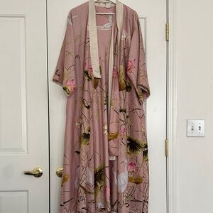 Pink Floral Satin Kimono Robe